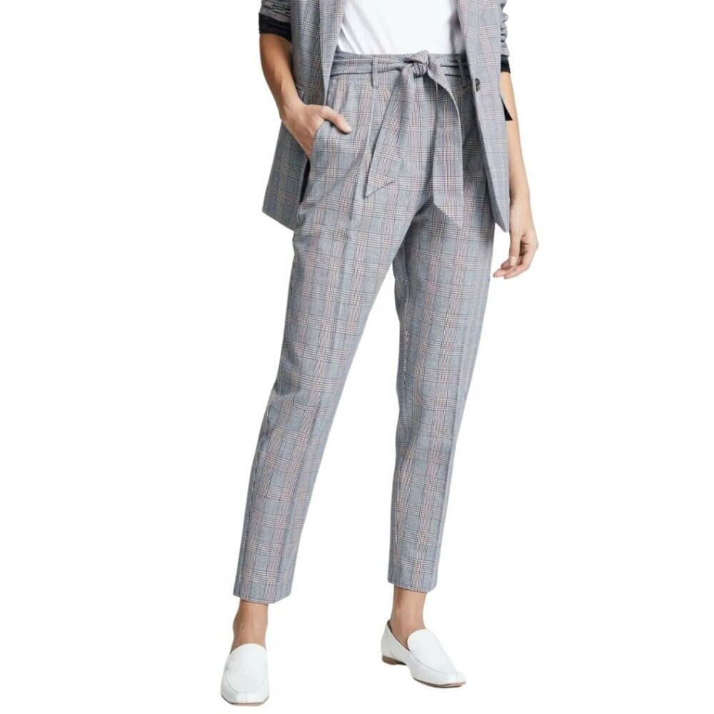 Equipment Marcelle Paperbag Crop Pant Womens 12 Blue Plaid Tie Waist Cotton Wool